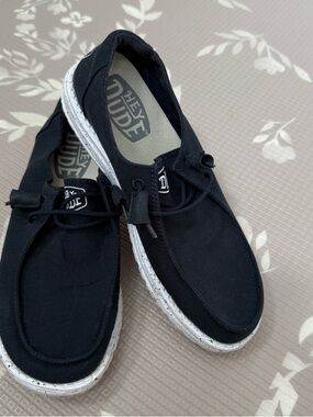 Hey Dude Navy Wendy Women’s Canvas Slip-On Loafers with White Speckled Sole